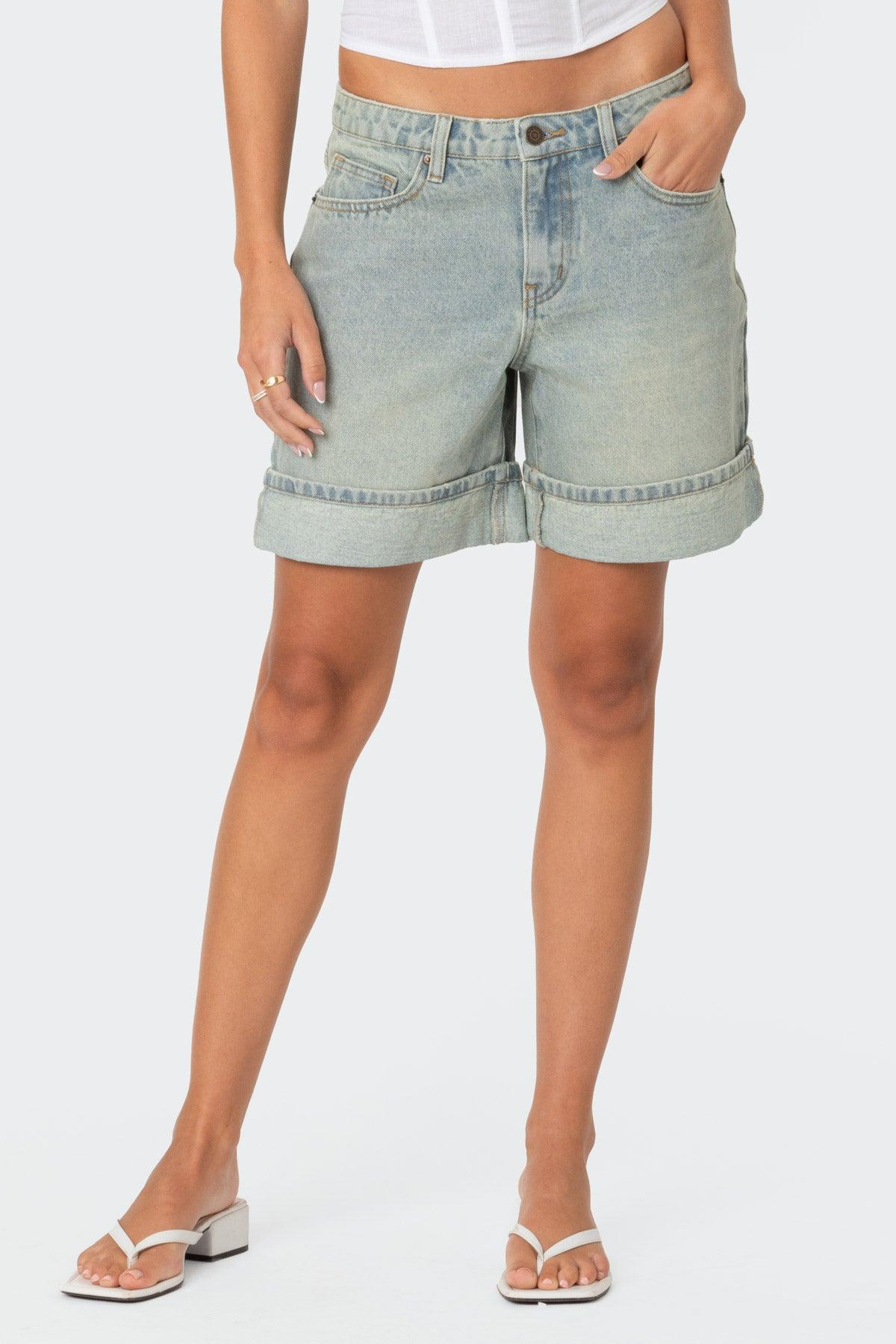 Cuffed Washed Denim Bermuda Shorts Product Image