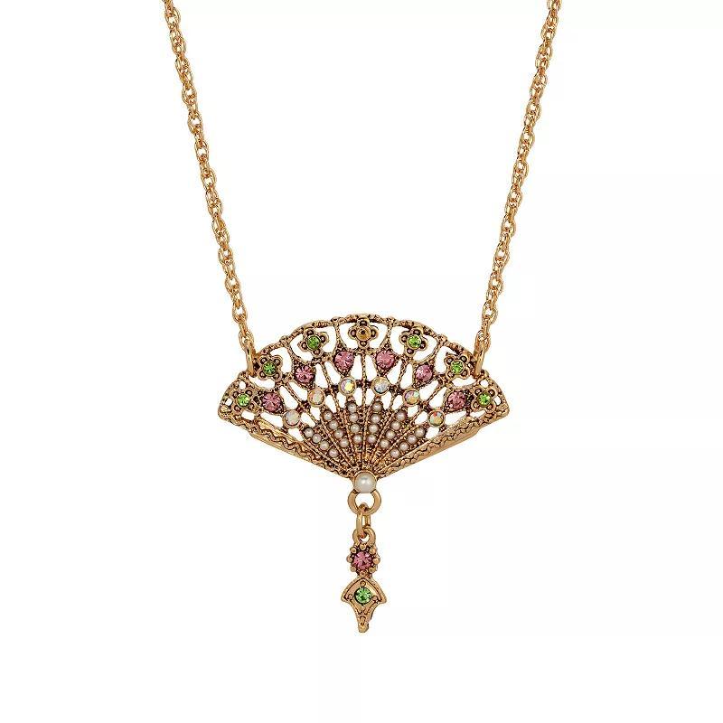 1928 Gold Tone Crystal & Simulated Pearl Fan Necklace, Womens, Multi Product Image