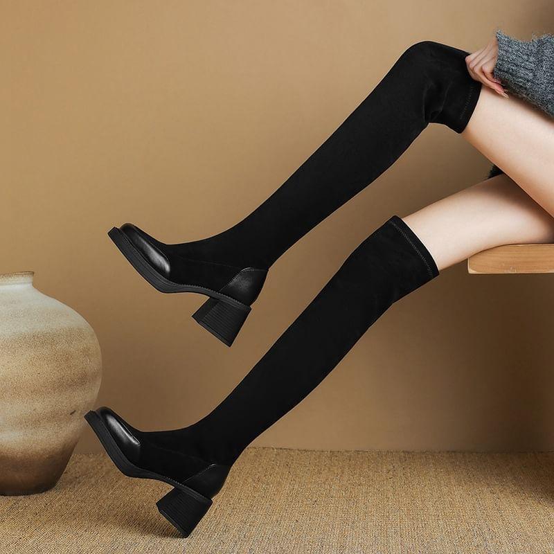 Square Toe Platform Panel Faux Suede Block Heel Over The Knee Boots Product Image