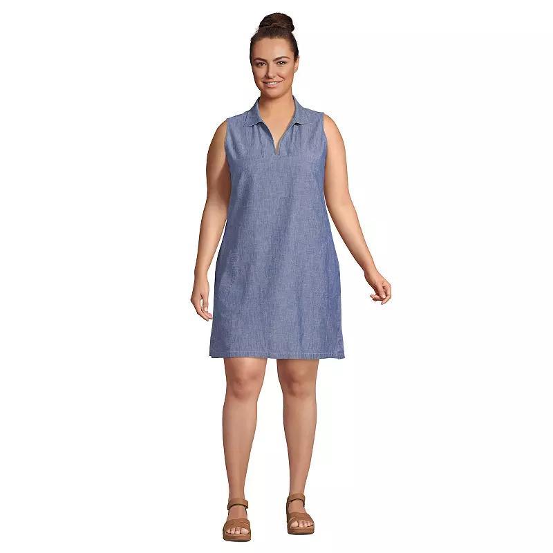 Plus Size Lands End Poplin Sleeveless Splitneck Dress, Womens Blue Chambray Product Image