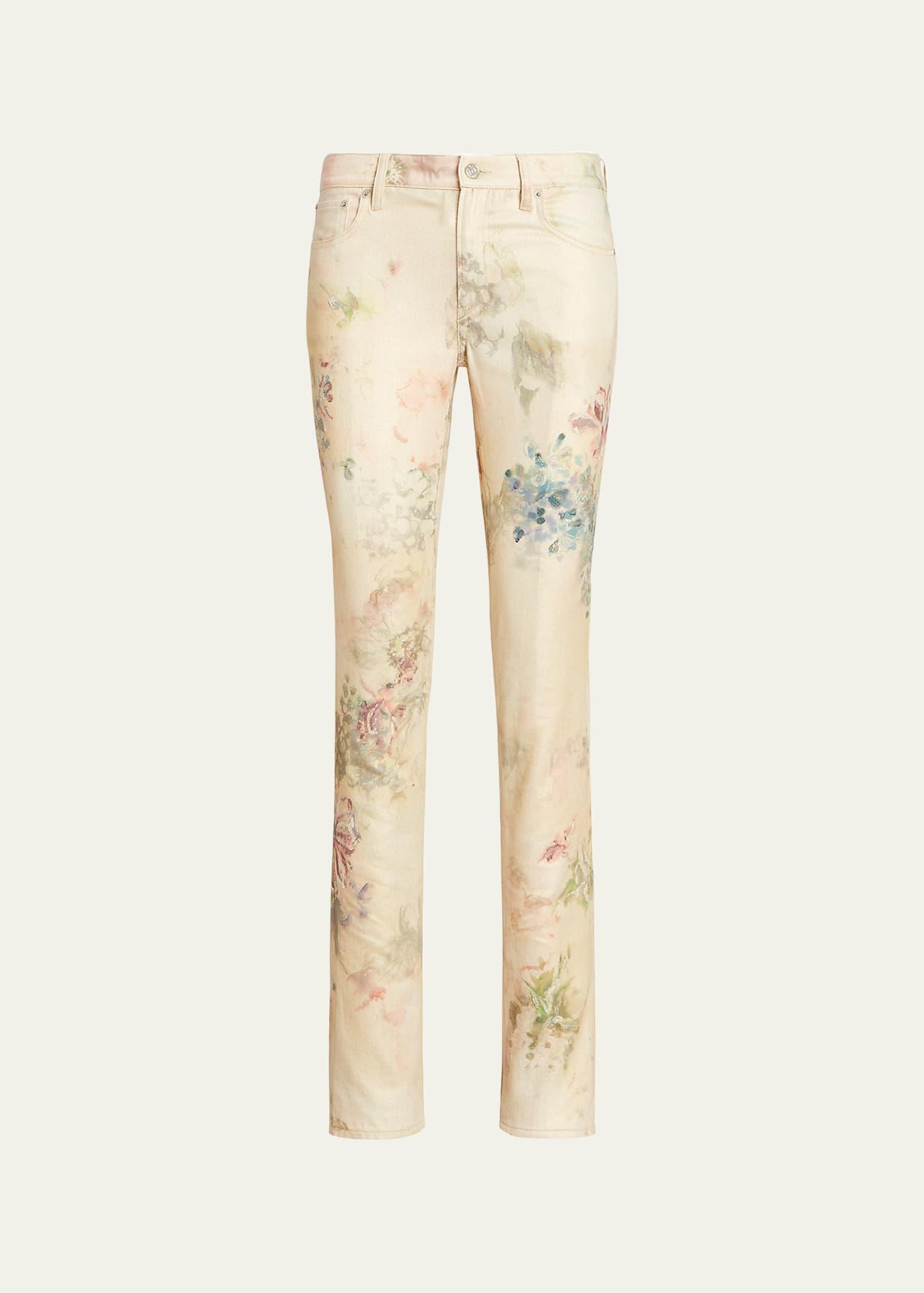 160 Faded Floral-Print Slim-Leg Jeans Product Image