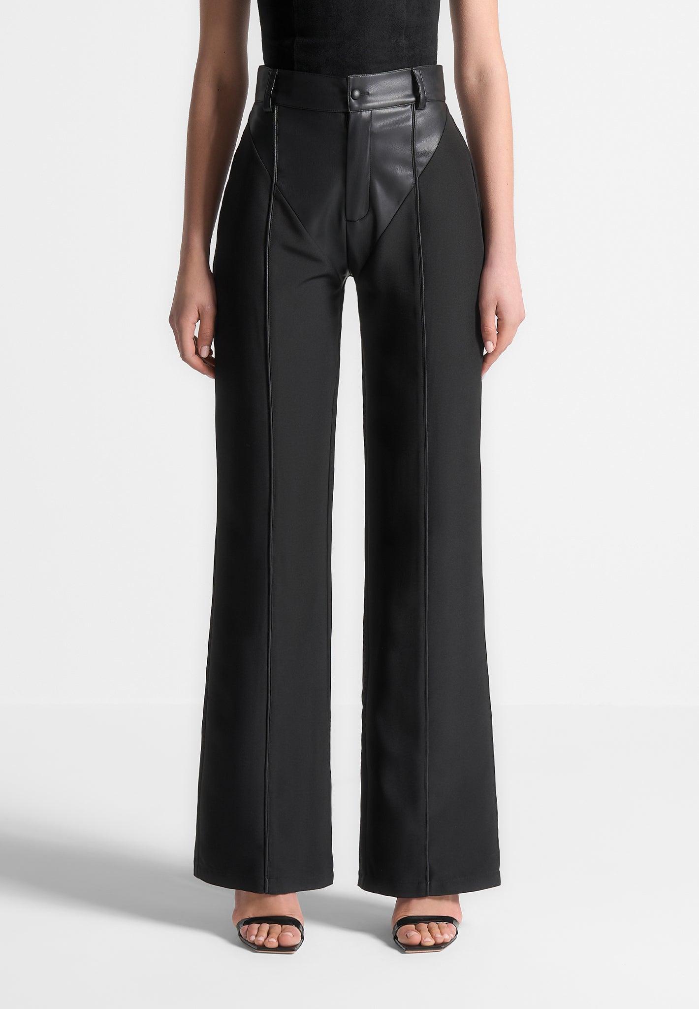 Vegan Leather & Woven Trousers - Black Female Product Image