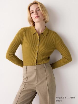 Womens Merino Ribbed Polo Cardigan Yellow Medium UNIQLO US Product Image