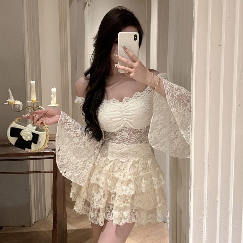 Long-Sleeve Off Shoulder Plain Lace Top / High Waist Plain Mini Tiered Skirt Product Image