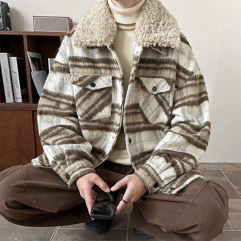 Plaid Faux Shearling Collar Button-Up Jacket Product Image