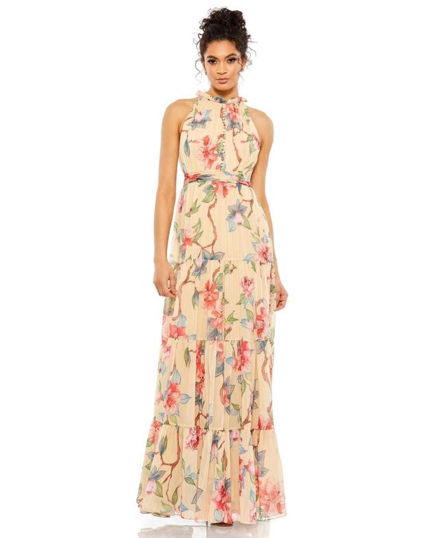 Ieena for Mac Duggal Floral Button High Neck Maxi Dress Product Image