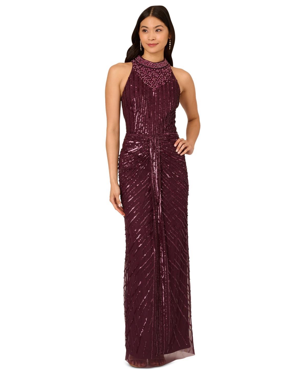 Adrianna Papell Womens Beaded Sleeveless Halter Gown Product Image