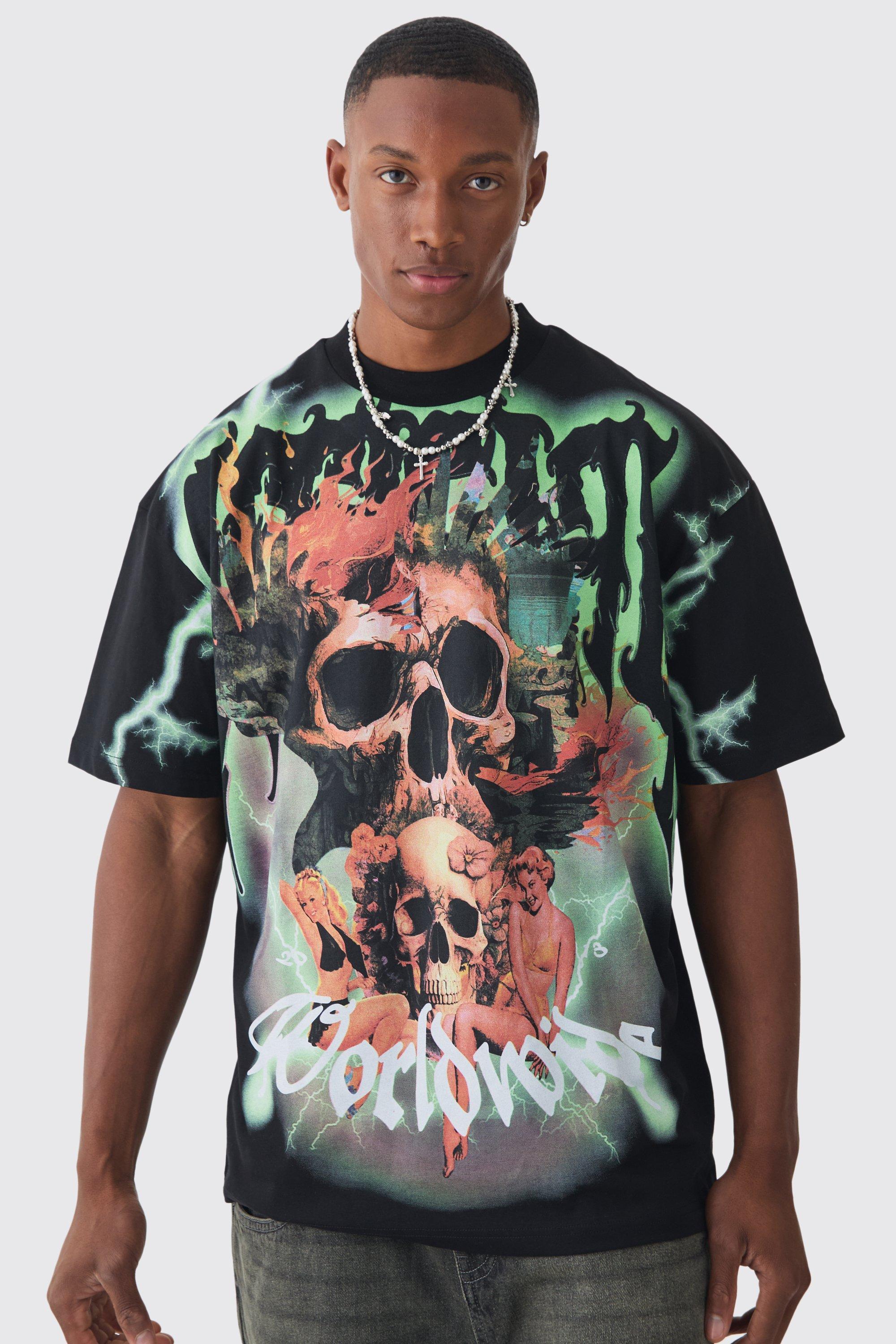 Oversized Extended Neck Extreme Skull Graphic T-shirt | boohooMAN USA Product Image