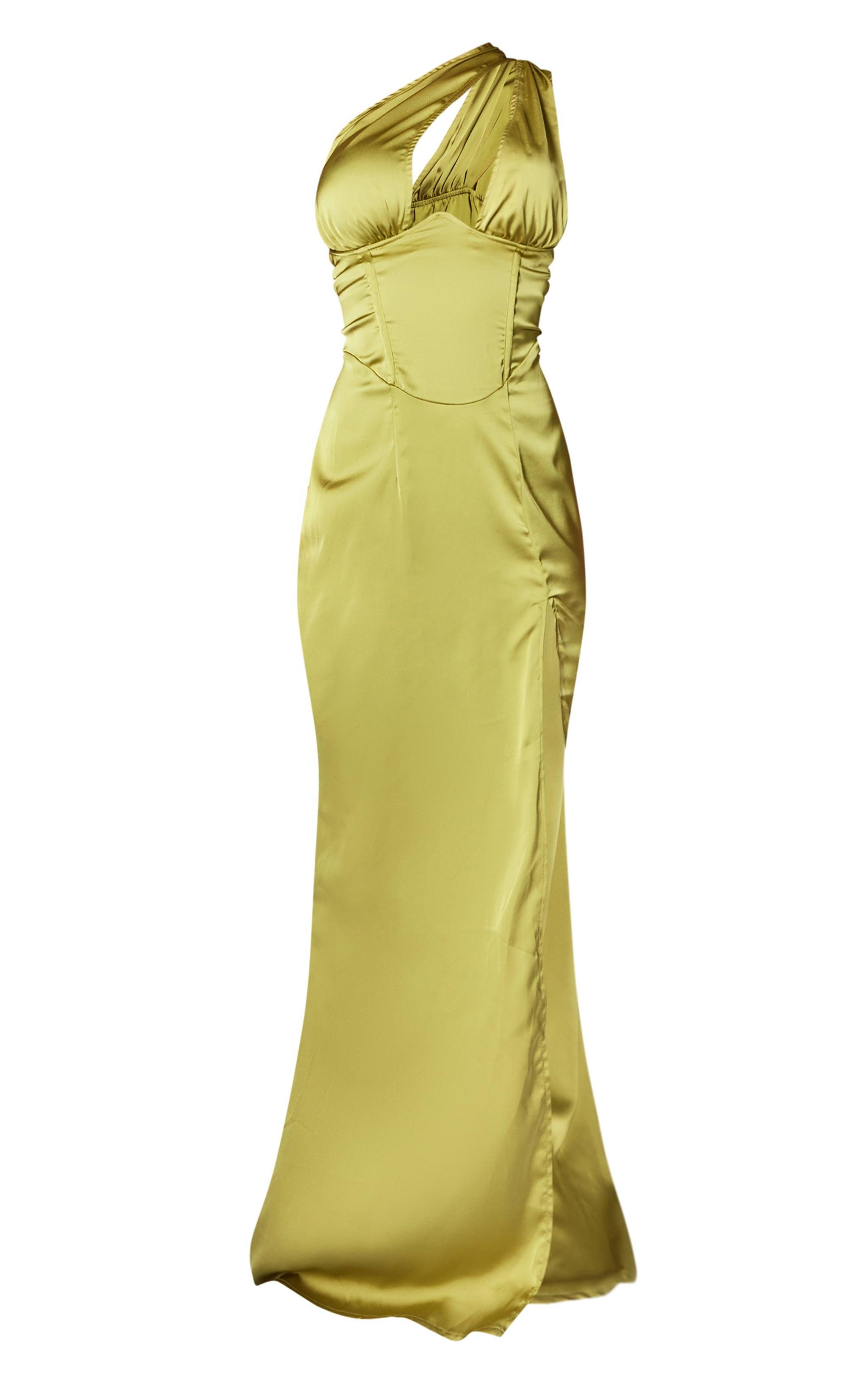 Olive One Shoulder Corset Detail Split Maxi Dress Product Image