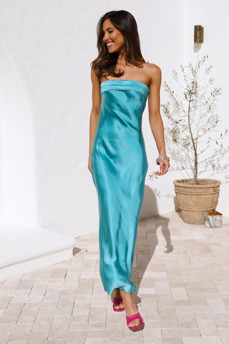 Run To The Top Satin Maxi Dress Turquoise Product Image