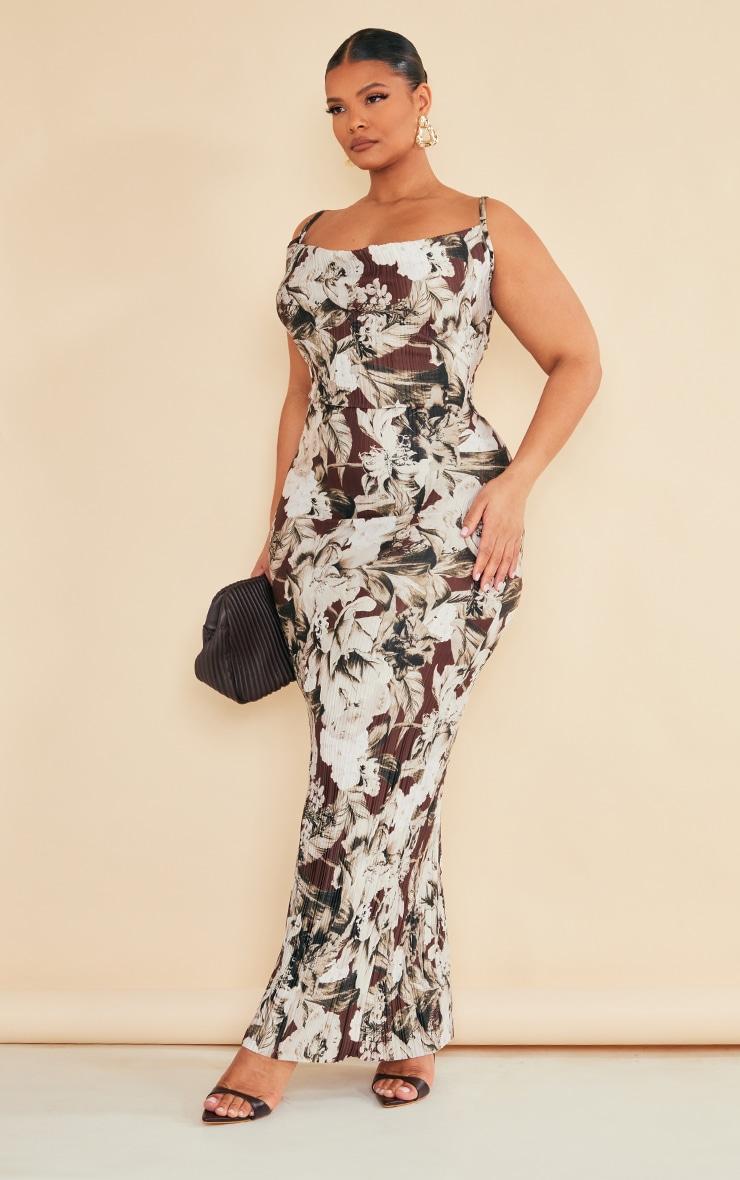 Plus Brown Floral Printed Plisse Cowl Neck Maxi Dress Product Image