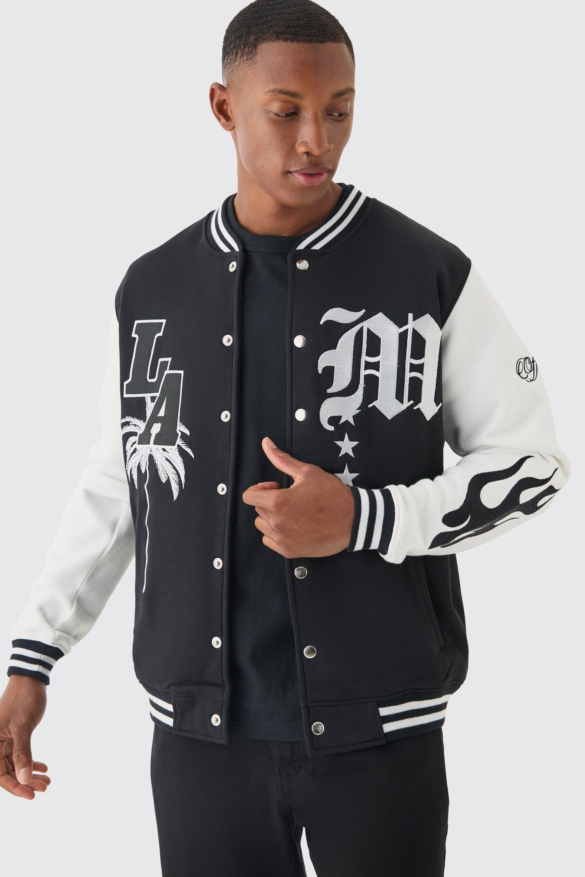 LA Badge Jersey Varsity Bomber Jacket | boohooMAN USA Product Image