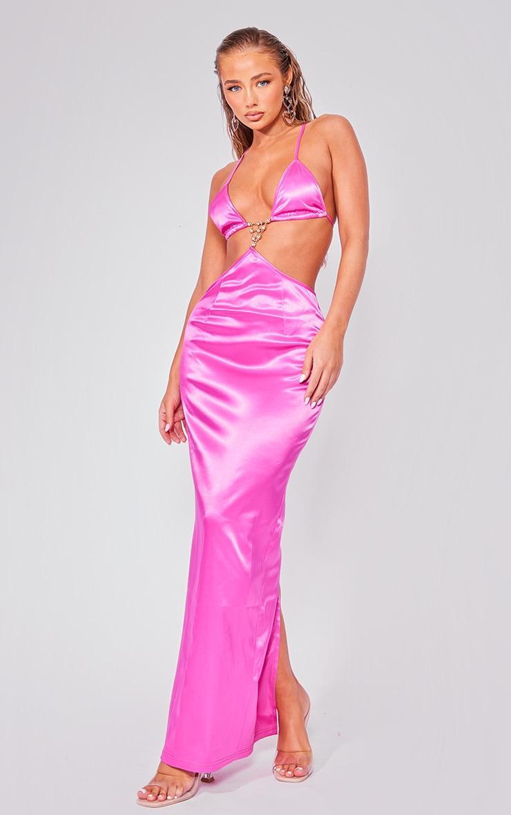 Hot Pink Satin Diamante Trim Cut Out Midaxi Dress Product Image