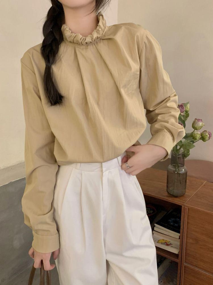 Long-Sleeve Plain Frill Trim Blouse Product Image