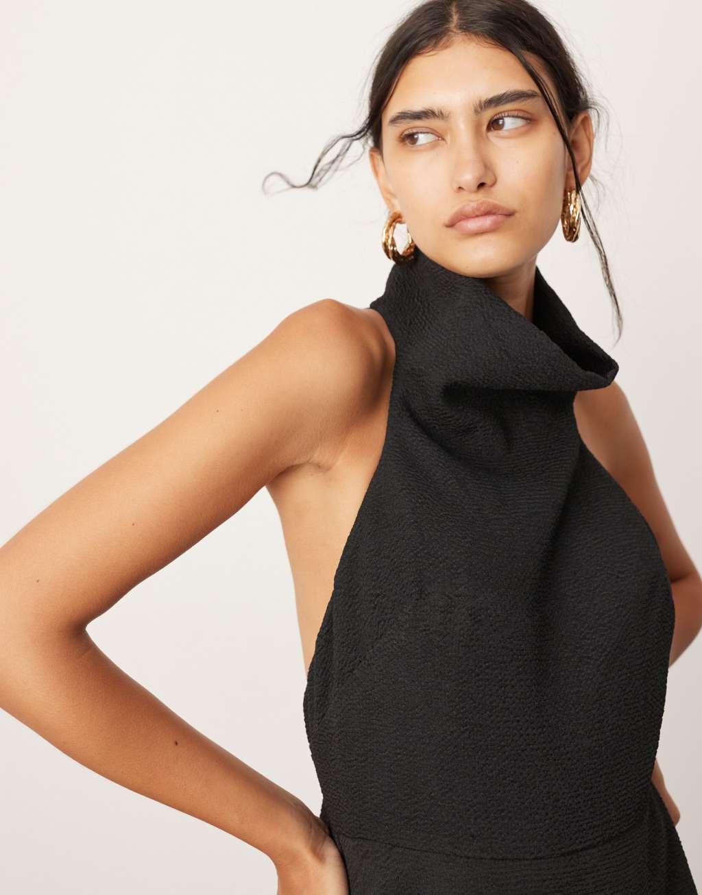 ASOS EDITION textured dramatic halter A-line maxi dress in black Product Image