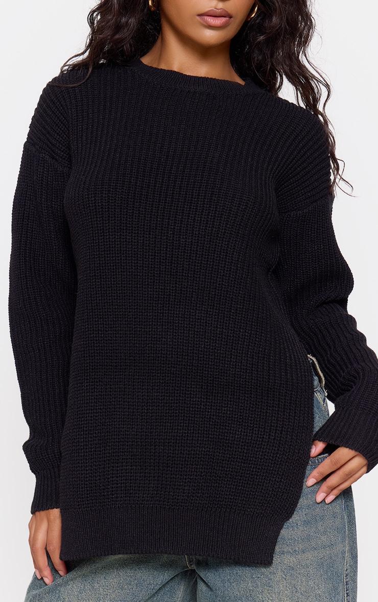 Black Round Neck Side Split Knit Sweater Product Image