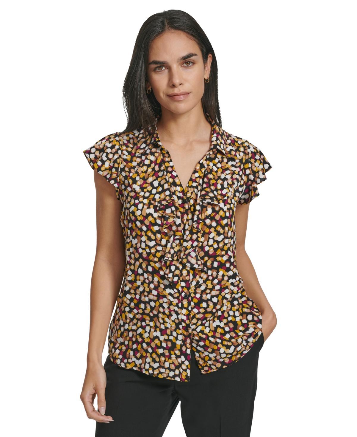 Calvin Klein Womens Printed Ruffle-Front Cap-Sleeve Blouse Product Image