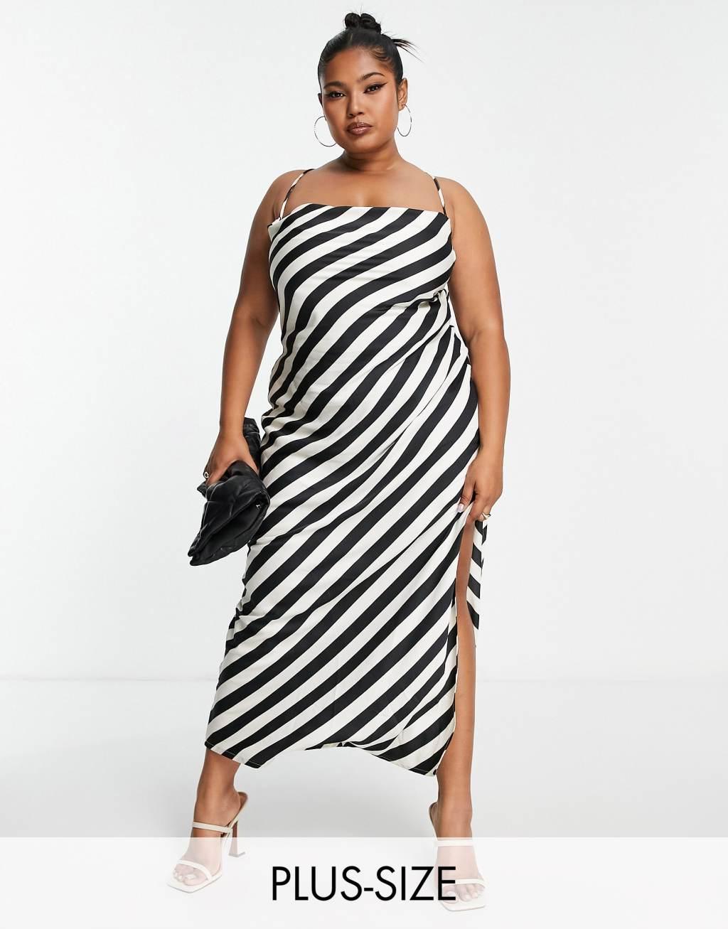 In The Style Plus satin side split maxi dress with lace up back detail in monochrome stripe Product Image