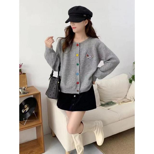 Long-Sleeve Crewneck Embroidered Cardigan Product Image