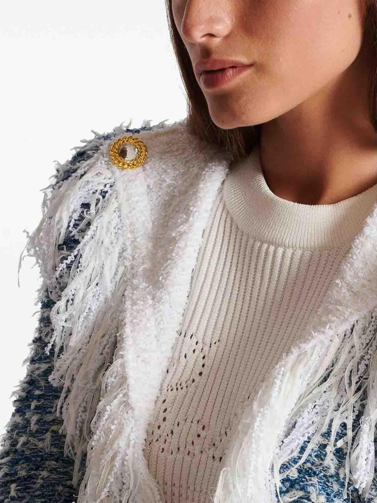 Fringed Tweed Cardigan In Blue Product Image