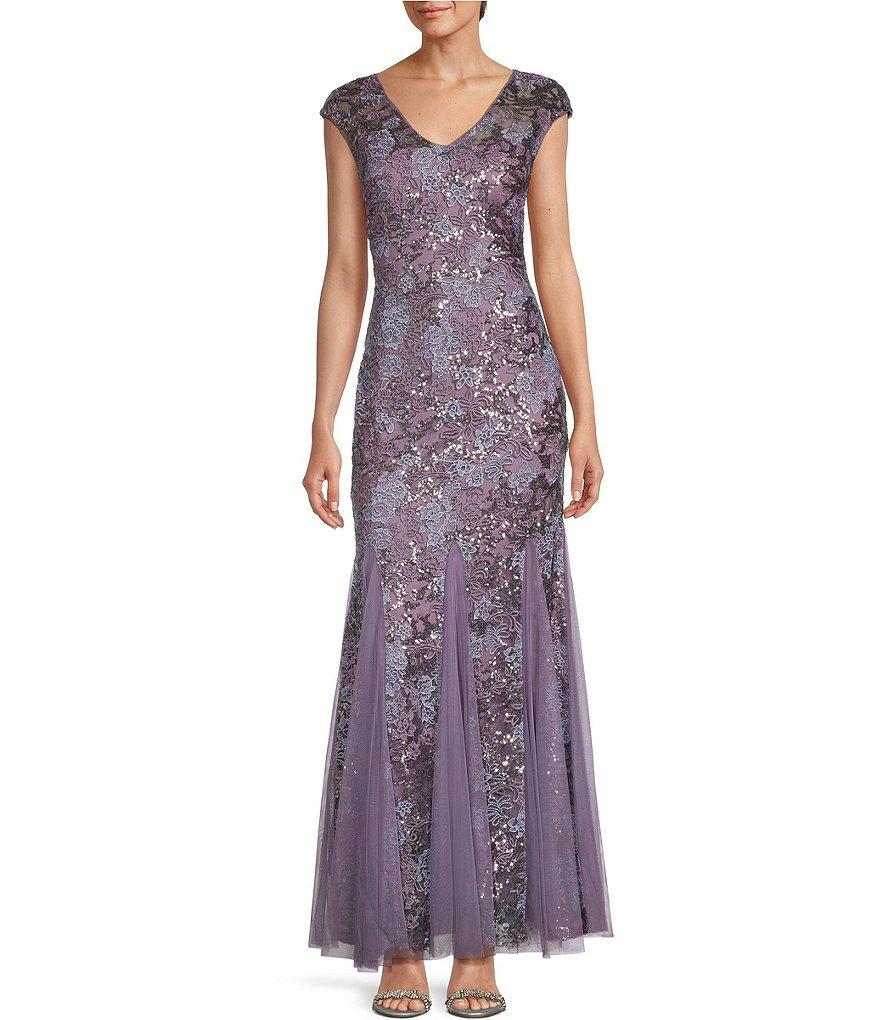 Alex Evenings Petite Size Sequin Embroidered V-Neck Cap Sleeve Lace Godet Skirt Shawl Gown Product Image