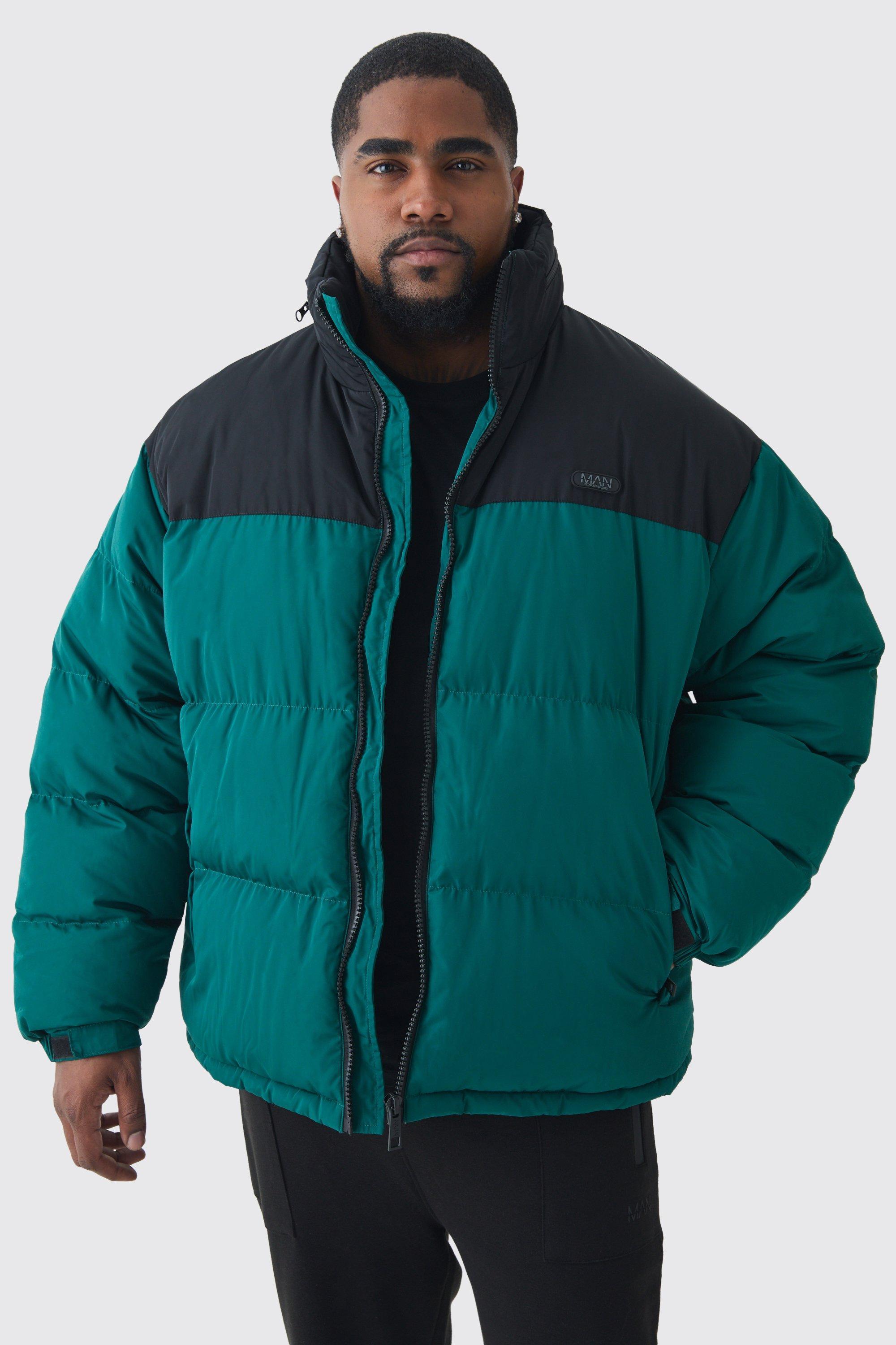 Mens Plus Colour Block Concealed Hood Puffer Jacket In Green, Green Product Image