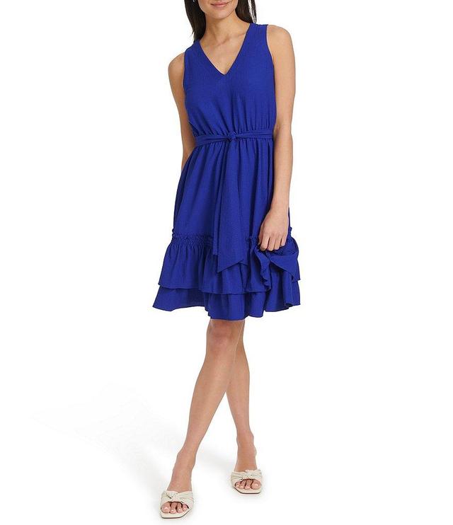 Calvin Klein Sleeveless V-Neck Tie Waist Ruffle Hem Dress Product Image