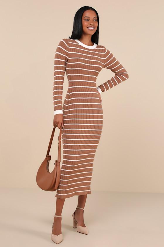 Ever So Effortless Light Brown Striped Ribbed Midi Sweater Dress product image