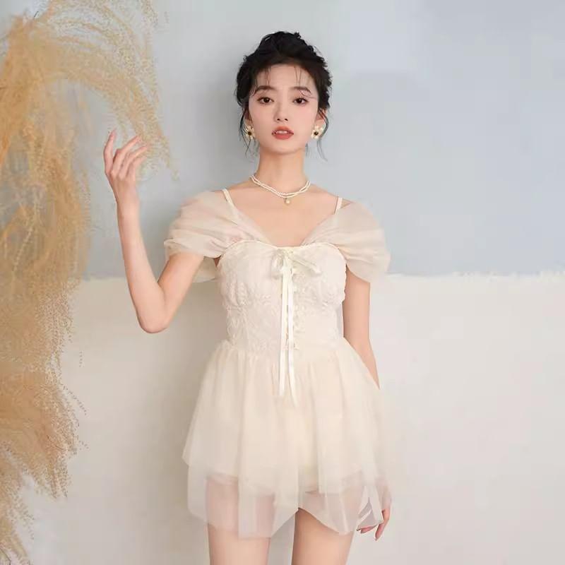 Cap Sleeve V-Neck Plain Lace Up Panel Mesh Swimdress Product Image