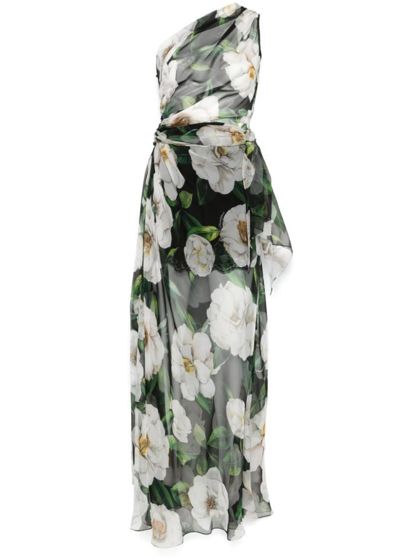 DOLCE & GABBANA Long Floral One-shoulder Dress In Black Product Image