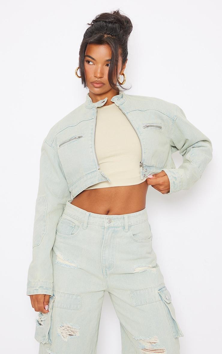 Ice Blue Vintage Wash Biker Detail Cropped Denim Jacket Product Image