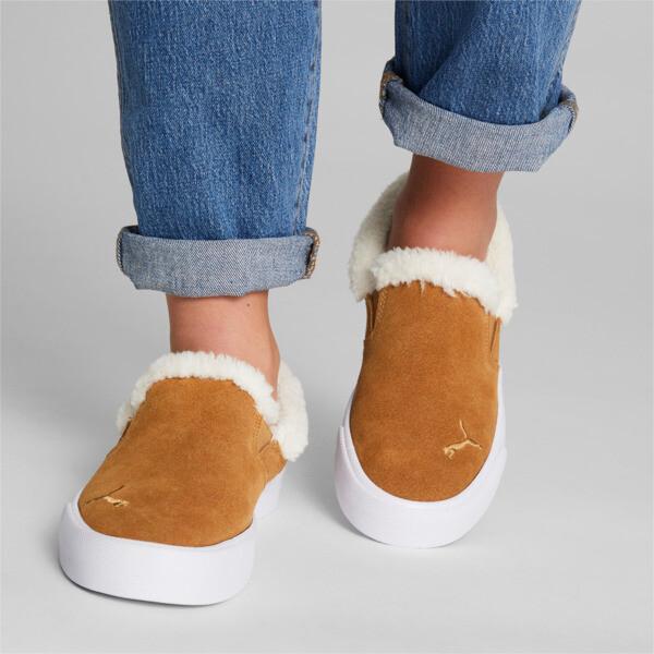 PUMA Bari Comfort Sherpa Women's Slip-On Shoes in Desert Tan/Whisper White Product Image