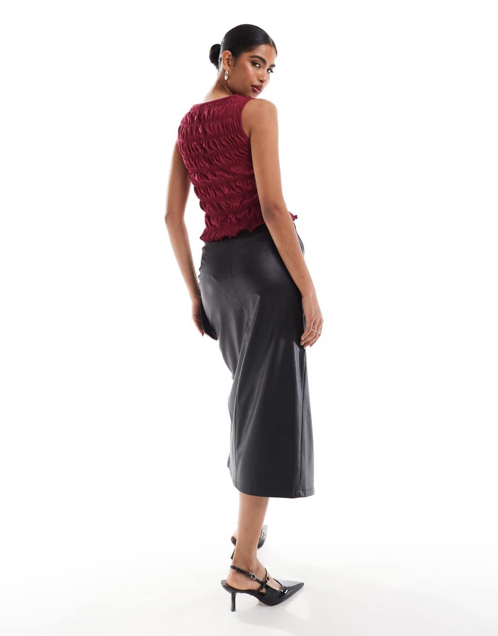 Miss Selfridge faux leather midi skirt with wrap detail Product Image