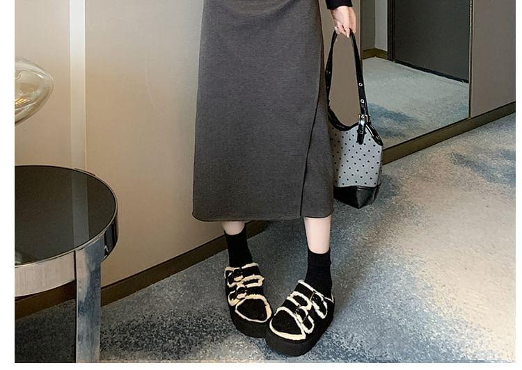 High Waist Plain Ruched A-Line Midi Skirt Product Image