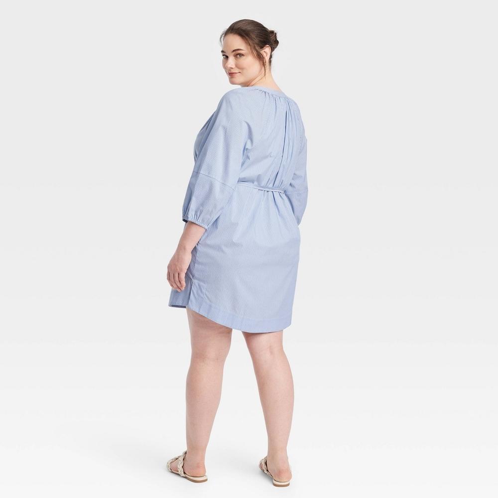 Womens Balloon 3/4 Sleeve Mini Shirtdress - A New Day Blue/White Pinstripe 4X Product Image