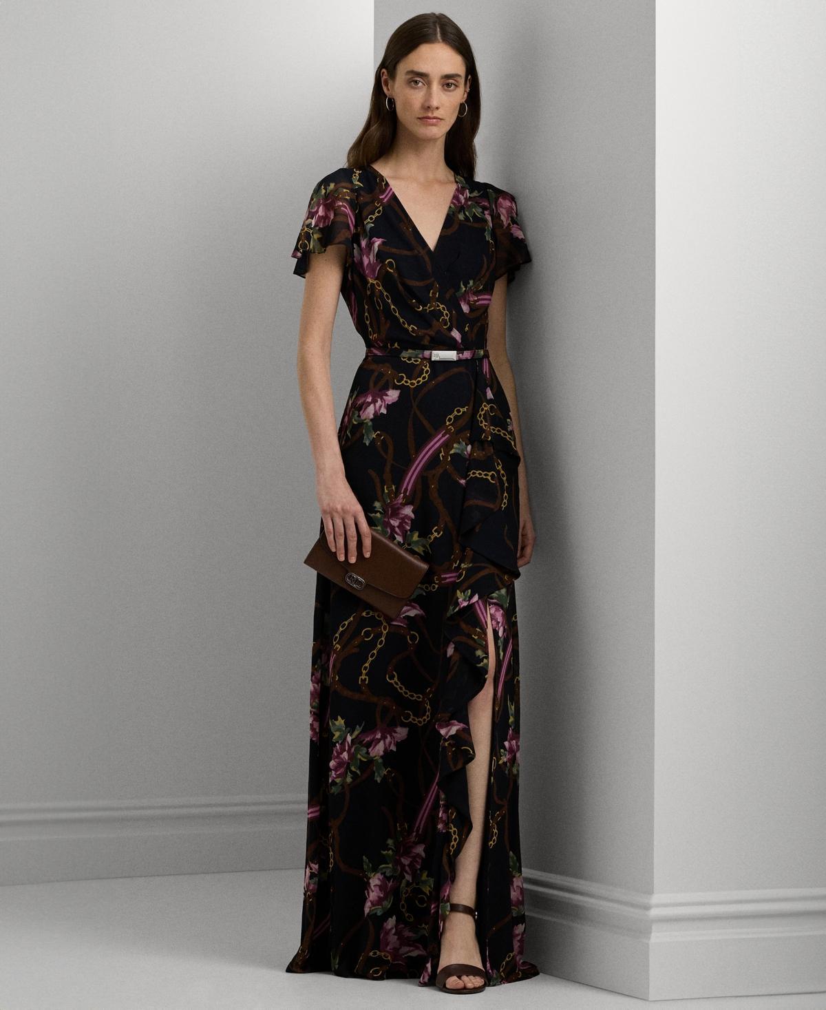 Lauren Ralph Lauren Womens Belted Floral Flutter-Sleeve Gown Product Image