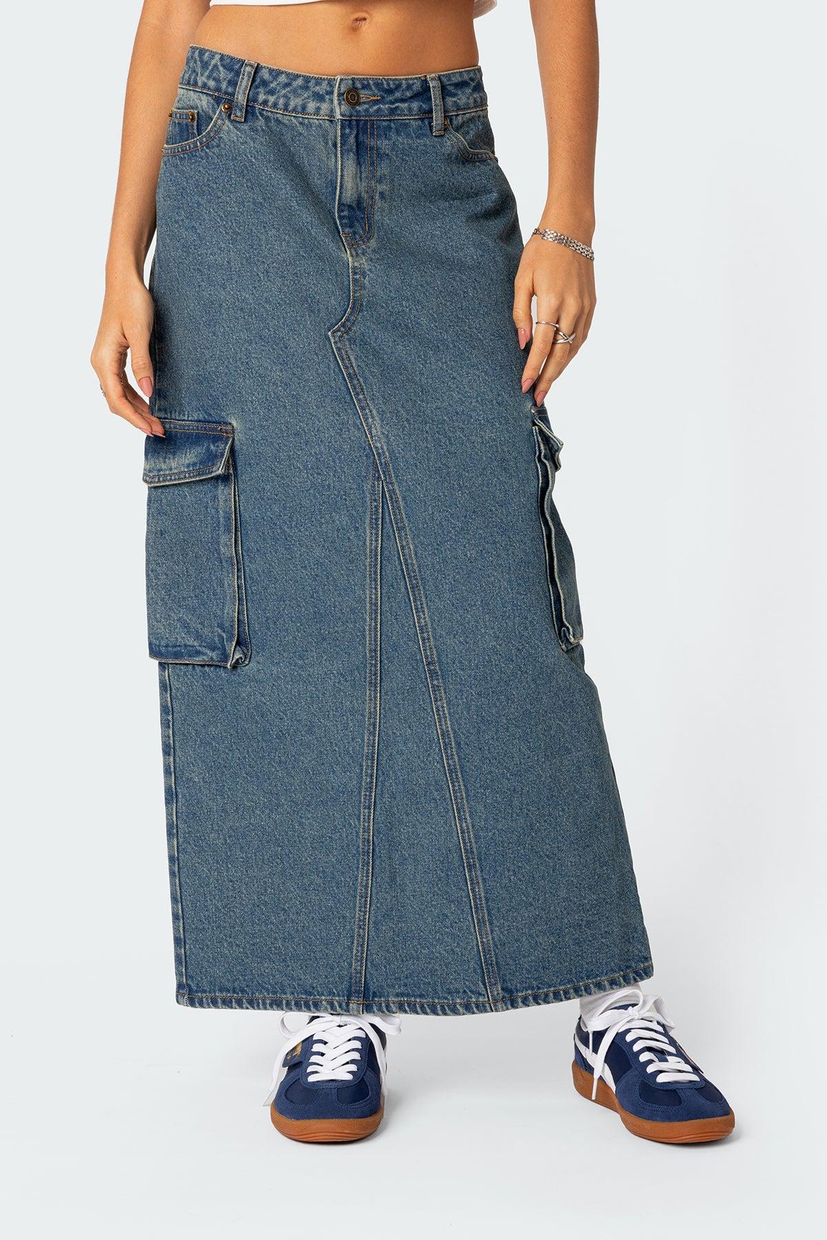 Slitted Cargo Denim Maxi Skirt Product Image