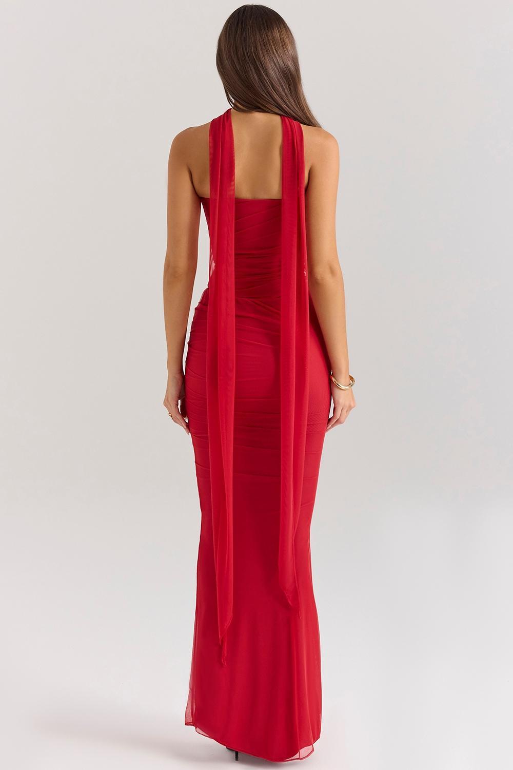 Cassidy Holly Red Mesh Maxi Skirt with Fluted Hem Product Image