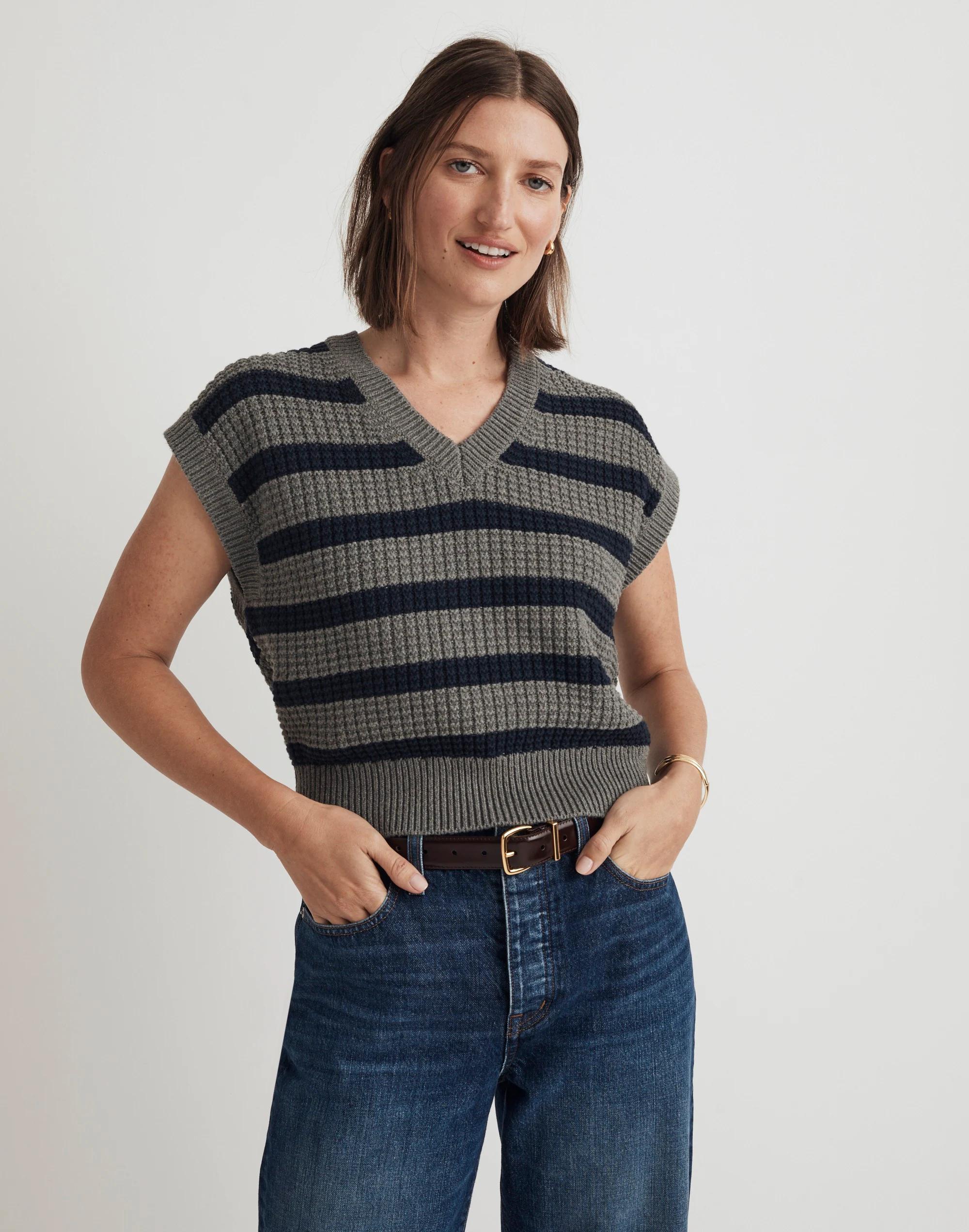 Waffle-Knit Sweater Vest in Stripe Product Image