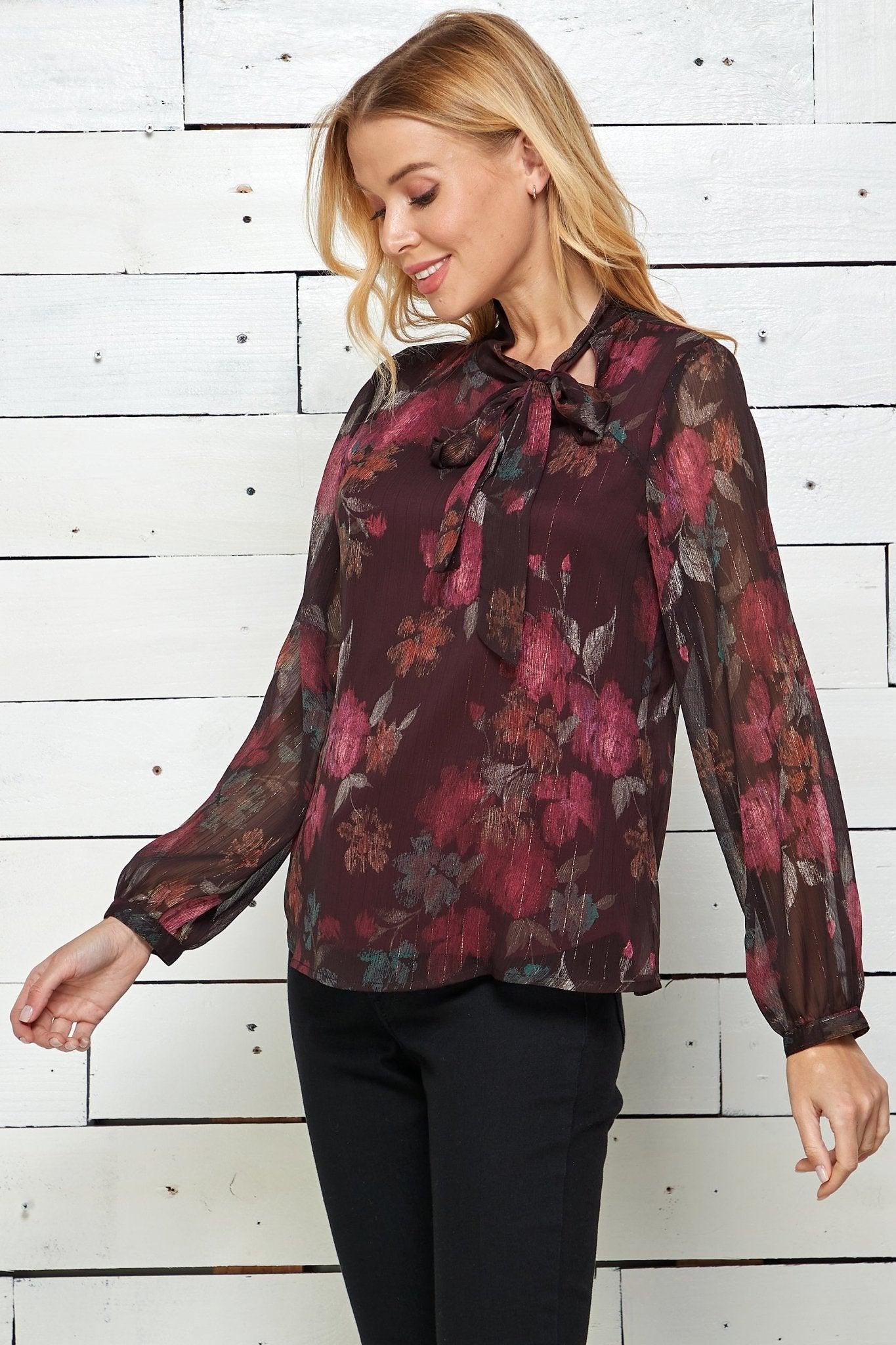 Sara Michelle Long Sleeve Side Tie Neck Blouse Product Image