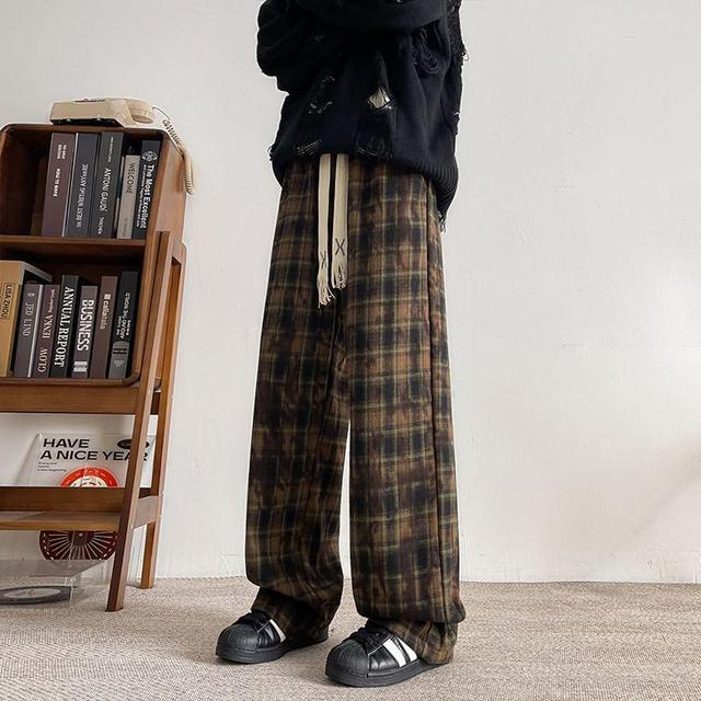 Mid Rise Plaid Wide Leg Pants Product Image