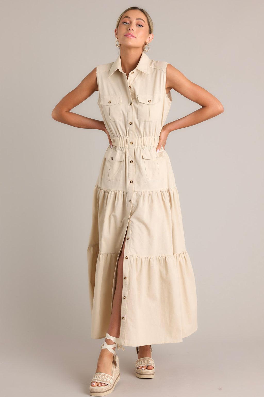 Desert Dusk Beige Button Front Tiered  Maxi Dress Product Image