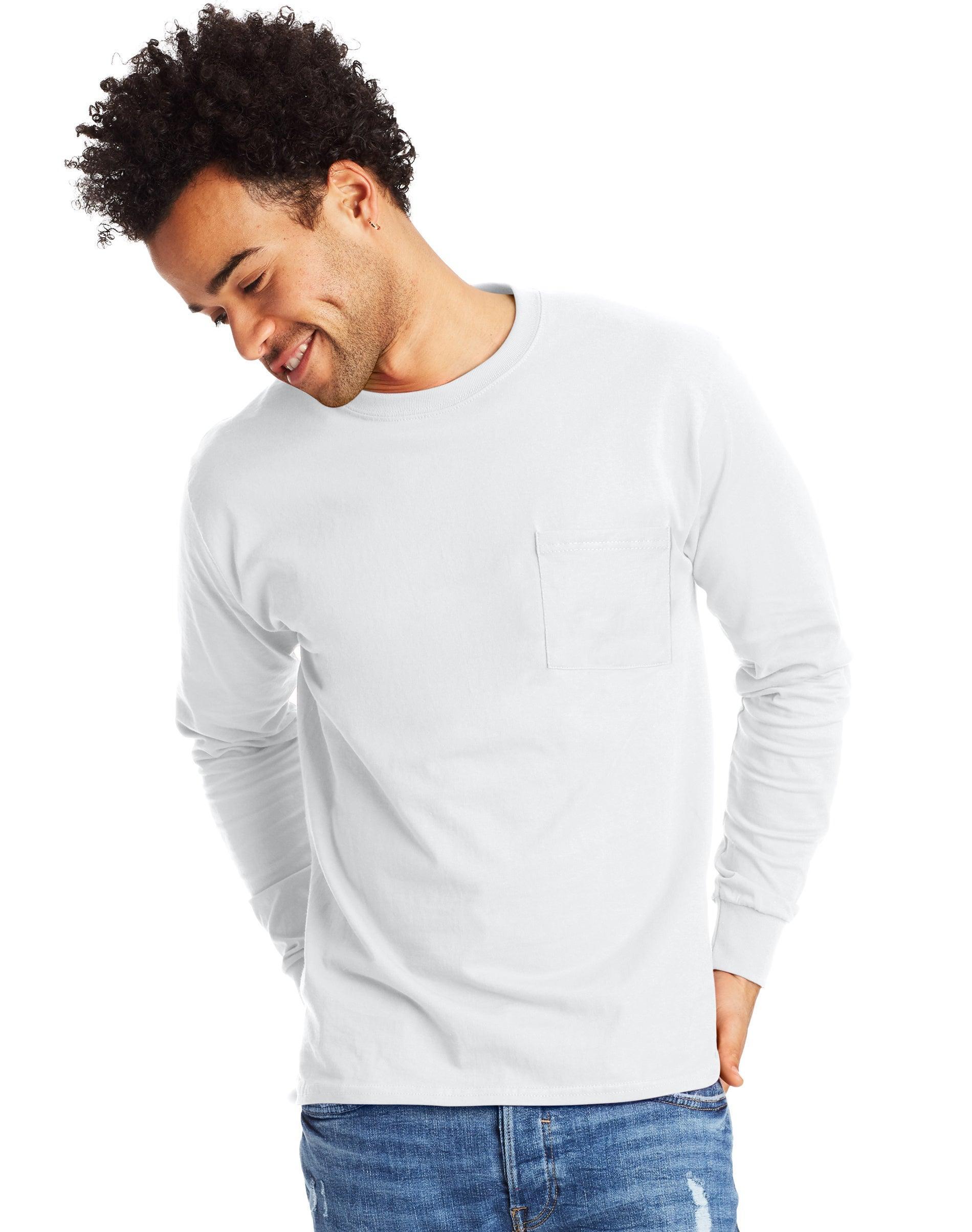 Hanes Essentials Mens Cotton Long Sleeve Pocket Tee White S Product Image