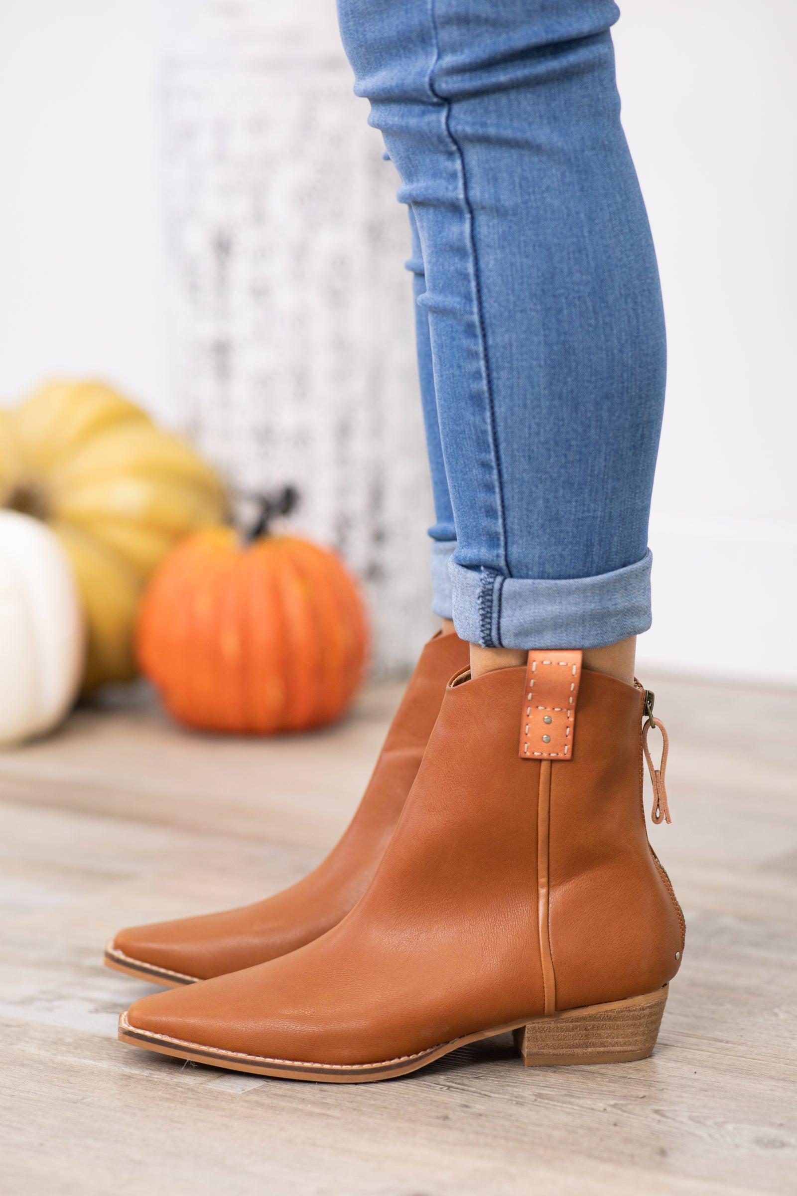 Cognac Point Toe Booties With Contrast Trim product image