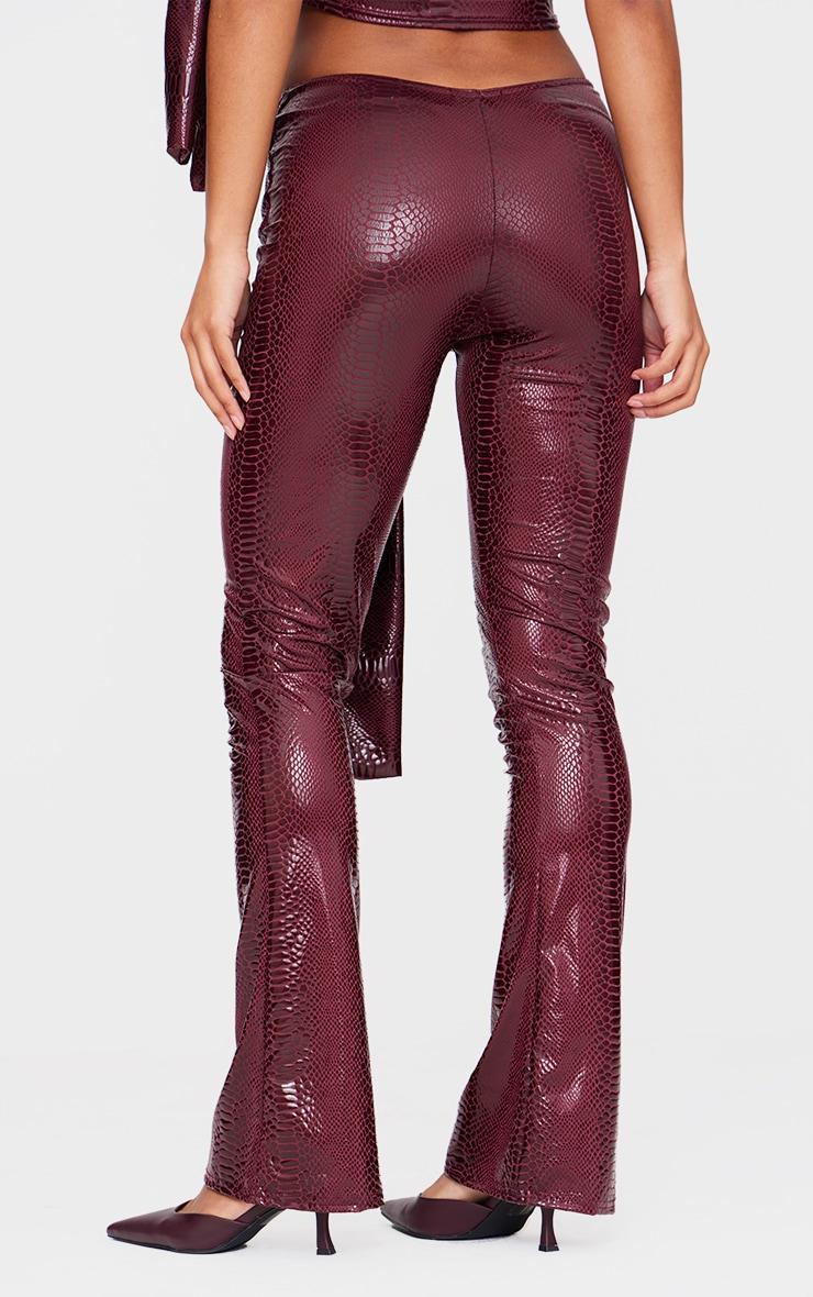 Burgundy Wet Look Croc Print Knot Detail Low Rise Skinny Flare Pants Product Image