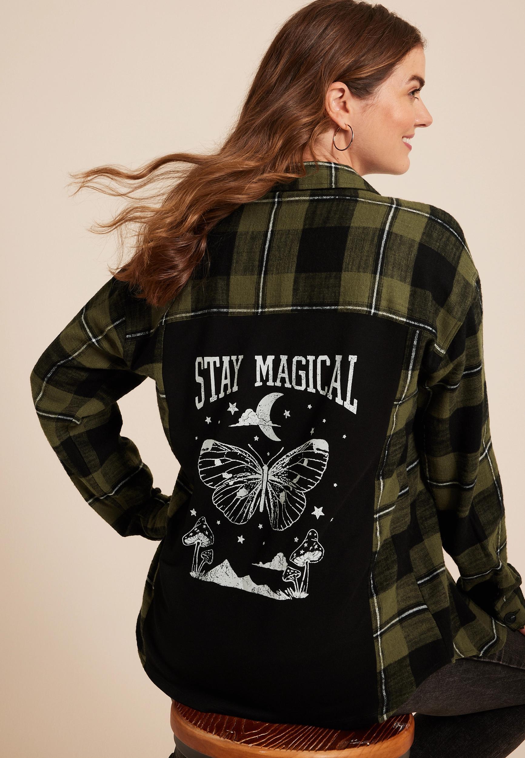 Plaid Stay Magical Graphic Back Oversized Button Down Shirt Product Image