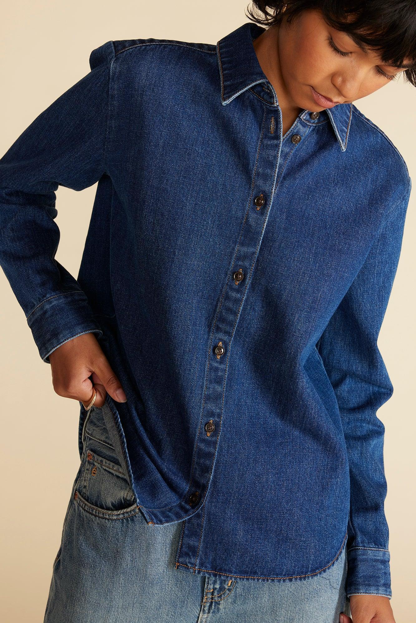 Bixby Denim Collared Long Sleeve Top - Indigo Blue Product Image