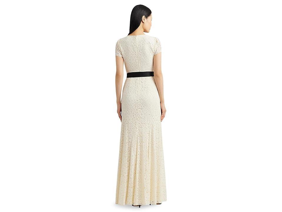 Lauren Ralph Lauren Belted Lace Gown (Mascarpone Cream/Black) Women's Dress Product Image