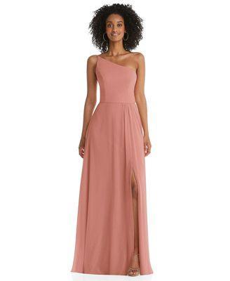 Women's One-Shoulder Chiffon Maxi Dress with Shirred Front Slit Product Image