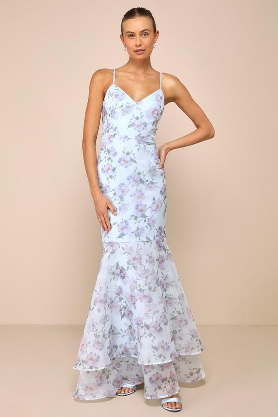 Pure Splendor Light Blue Floral Organza Trumpet Maxi Dress Product Image